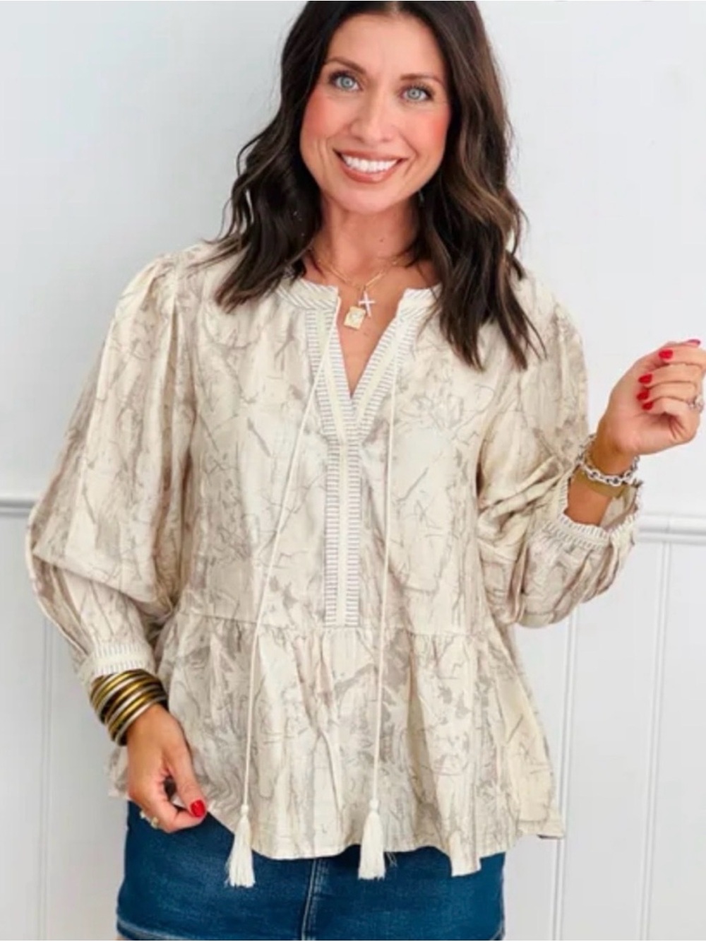 ODDI Cream Printed Peasant Tunic with Tassel V-Neck